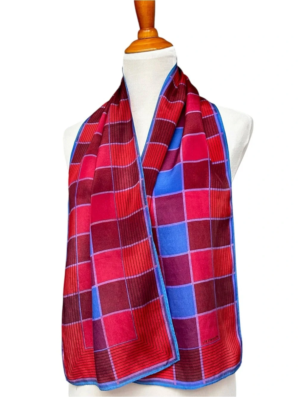 Liz Claiborne Silk Geometric Plaid Oblong Scarf Red Blue Purple Retro Fall Scarf